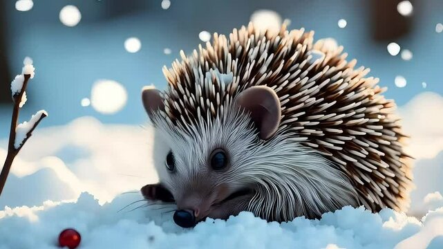 Adorable hedgehog nestled in snow with a charming expression and sparkling background