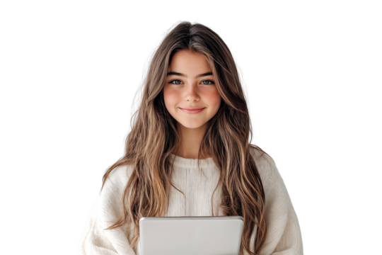 Portrait of a smiling young female college student with laptop, isolated on transparent background