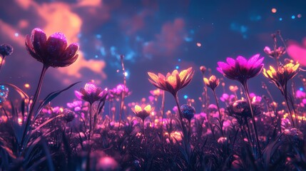 Fototapeta premium Enchanted Field of Alien Flowers in Otherworldly Landscape with Ethereal Glow and Vibrant Colors at Sunset