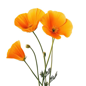 PNG California poppy flowers isolated on white background with delicate petals and slender stems
