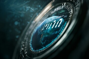 Futuristic earth hologram display with digital interface elements