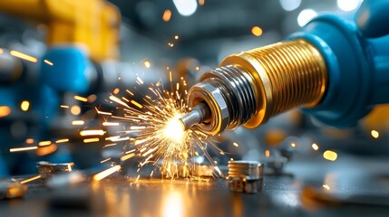 Detailed macro photograph showcasing the intense combustion energy and golden sparks produced during the firing of an engine spark plug in a mechanical industrial environment