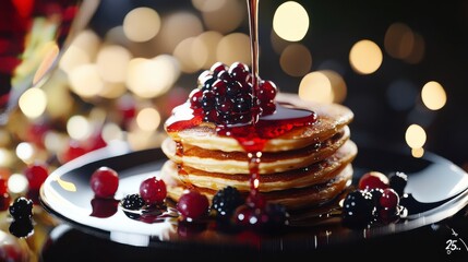 Golden Pancakes with Berry Syrup and Fresh Berries
