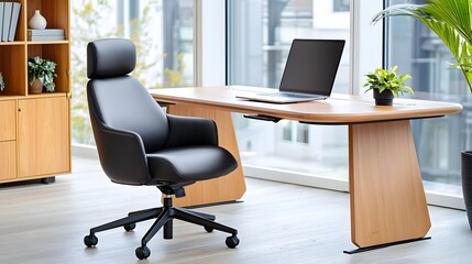 Fototapeta premium Elegant and modern corporate office interior featuring a large wooden desk high back executive chair decorative shelving and soft neutral color palette