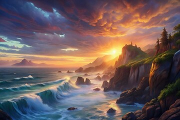Dramatic Coastal Sunset with Cliffs, Waves, and Flying Birds