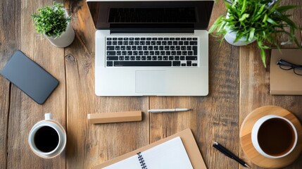 Overhead view of a laptop and stationery on a rustic wooden desk
