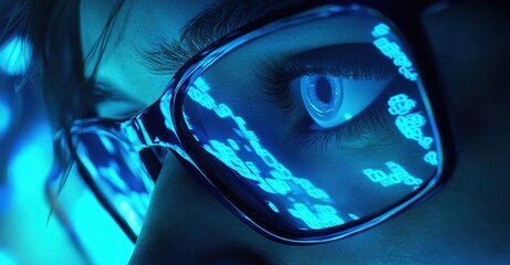 Eye reflecting digital data through tech glasses, futuristic scene, showcasing advanced technology and digital integration with human vision.