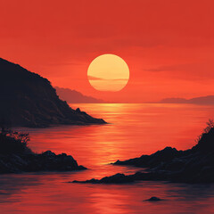 Fototapeta premium Sunset reflections on serene waters coastal landscape digital art tranquil environment wide angle view nature's beauty