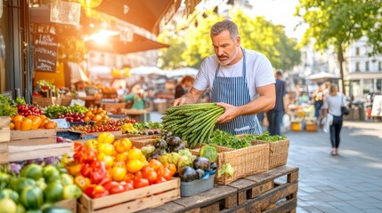 Hombre mayor organizando espárragos en un mercado al aire libre durante una soleada mañana