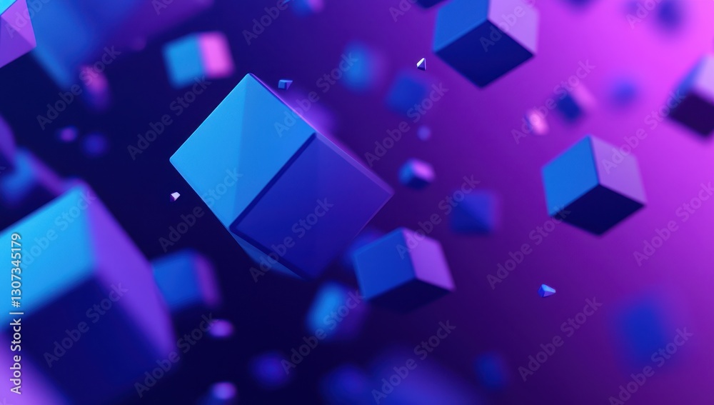 Poster abstract background of floating three-dimensional cubes in shades of blue and purple creating a mode