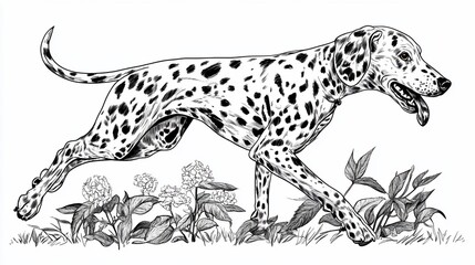 Fototapeta premium Dalmatian dog running through flowers, black and white illustration.