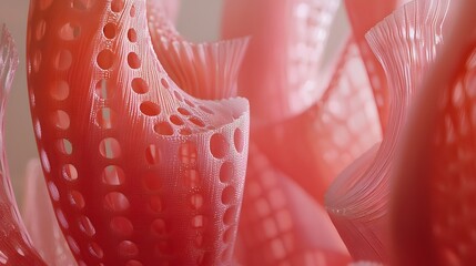 A close up view of a translucent flexible and organic 3D printed textile material used in innovative and futuristic fashion design  The intricate pattern and structure create a dynamic technological