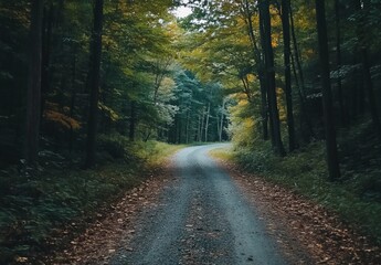 Fototapeta premium Serene autumnal forest road curving through lush green and yellow trees.