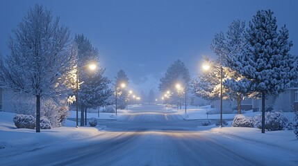 Fototapeta premium Snowy Winter Street at Dawn; peaceful suburban street covered in snow. Possible use Stock photo for winter themes, travel, landscapes