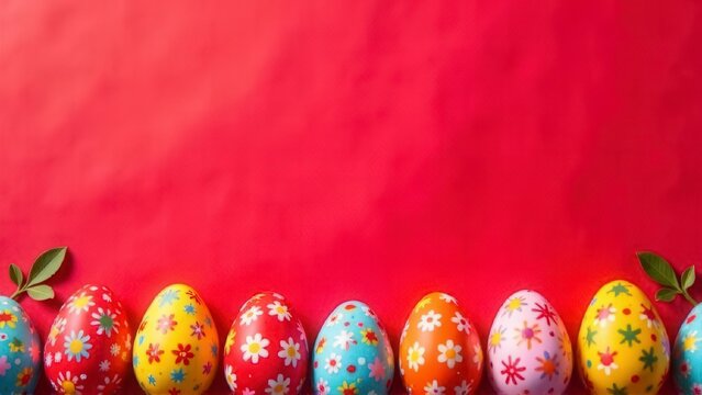 Red Easter Background with Colored Eggs