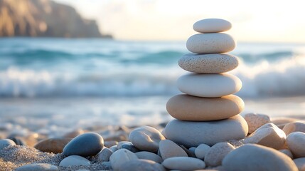 A stack of balanced stones rests on a sandy beach