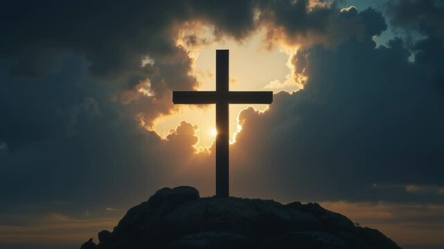 Symbolic representation of a holy cross illuminated against a dramatic sky embodying faith and hope with dark clouds