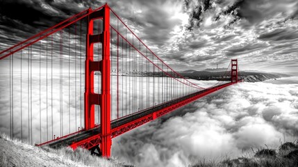 Red Golden Gate Bridge, clouds, black and white photography, red color pop, hyperrealistic, wide-angle