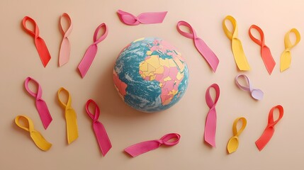 Harmonious layout of various colored awareness ribbons circling a 3D rendered model of the earth globe on a neutral background representing global causes advocacy and social consciousness