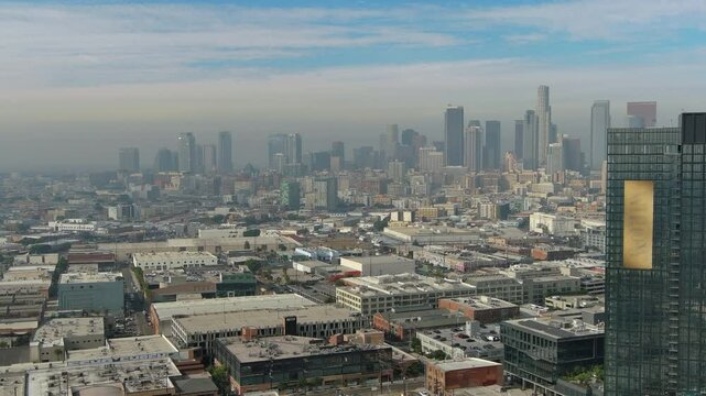 Aerial view of Los Angeles skyline with Bank Tower, Sixth Street, urban city landscape, skyscrapers