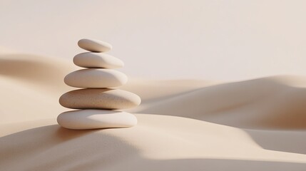 A minimalist stack of smooth stones balancing on a light sandy background. picture
