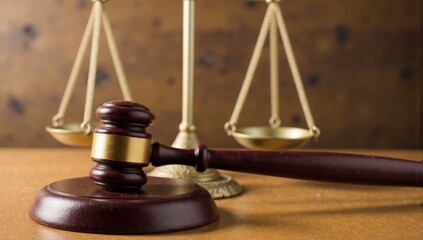 Still life of a wooden hammer and ornate golden scales of justice on a wooden surface, symbolizing law and fairness