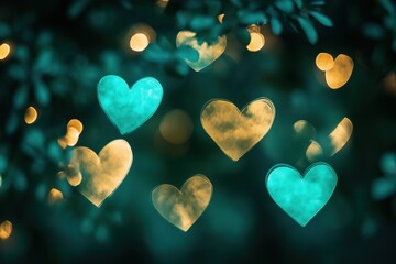 Obraz premium Colorful heart decorations suspended in air, blurred background with soft glowing lights