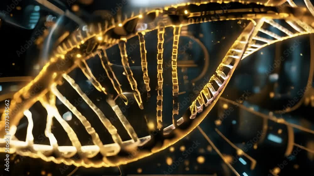 Fototapete gold dna double helix structure and glowing particles on soft futuristic background