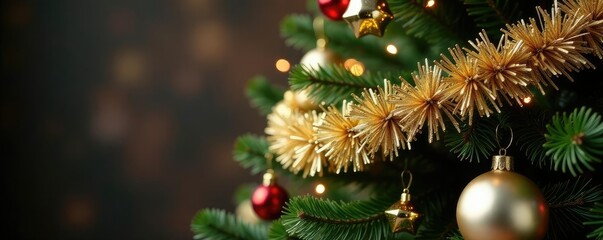 Fototapeta premium Gold and silver garland covered Christmas tree, decorations,