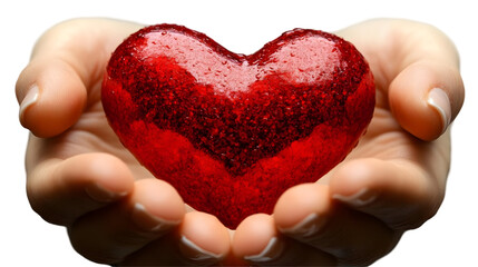 Obraz premium Hands Holding Red Heart with Water Drops, Isolated on White Background