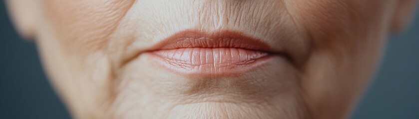 Fototapeta premium Close-up of an elderly woman's healthy lips showcasing a soft pink tint and delicate lines, highlighted by warm golden light, embodying a luxurious organic beauty style