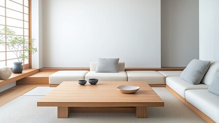 Minimalist living room with light wood furniture, off-white sofa, and Japanese-style window.