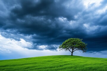 Fototapeta premium Solitary Tree Under Storm Clouds - A single tree stands on a green hill under a dramatic, dark sky filled with storm clouds