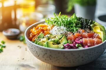 Colorful Healthy Bowl with Fresh Vegetables, Avocado, Rice, and Salmon in Natural Light