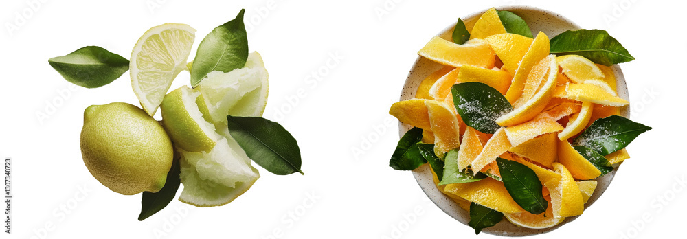 Poster isolated on white, a lemon peel forms a swirly curl