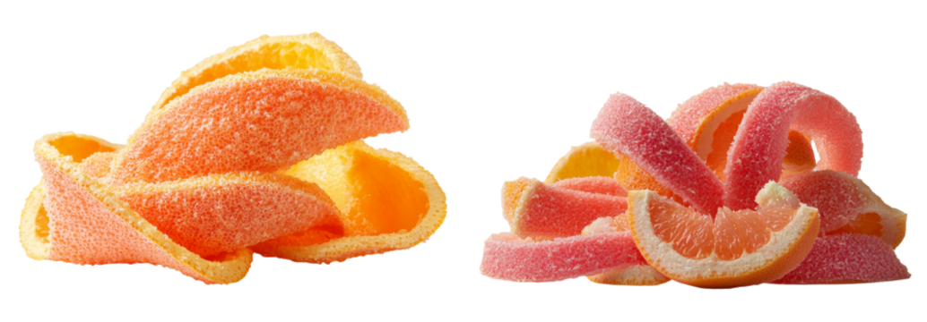 A piece of grapefruit with a curl of swirly peel is depicted in isolation on a white background