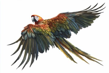 Fototapeta premium A vibrant scarlet macaw in flight, wings spread wide, showcasing its colorful plumage against a white background.