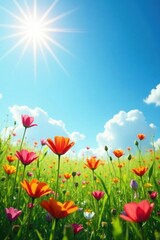 Sunlit field of colorful wildflowers against a bright blue sky , wildflower, painting, scene