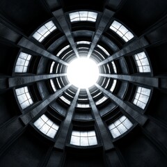 Obraz premium Spherical Ascent: A Futuristic Architectural Vision - A spiraling cylindrical structure, windows framing a bright light source above, symbolizing hope, progress, ascension, exploration