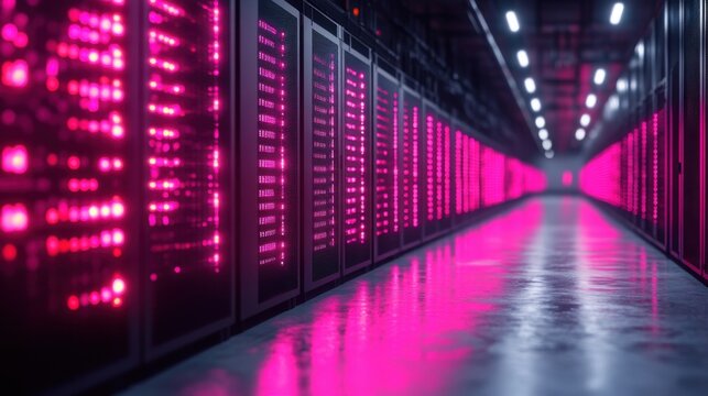 Cryptocurrency mining farm with bright neon lights and powerful computers