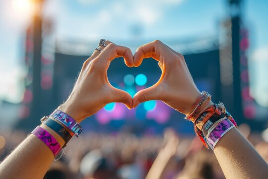 Heart hands gesture at outdoor music festival with colorful wristbands