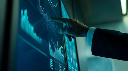 Close up of an executive in a suit pointing at a digital performance chart or graph displayed on a touchscreen monitor in a modern futuristic looking boardroom or office setting