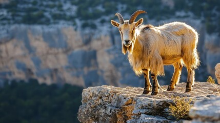 Obraz premium Majestic Lone Wild Goat Standing on Breathtaking Cliffs at Sunset with Scenic Views in the Background