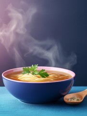 Steaming Bowl of Noodle Soup - A steaming bowl of noodle soup garnished with parsley sits on a blue table, next to a spoon of seasoning