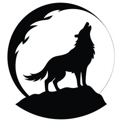 Wild Wolf Howling at the Moon - Black Silhouette Art