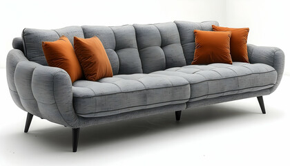 Obraz premium Grey Fluffy Sofa with Orange Pillows on White Background