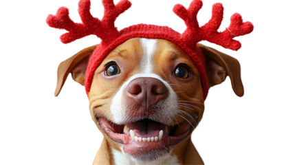 Happy Dog Smiles Wearing Antlers, Isolated on White Background