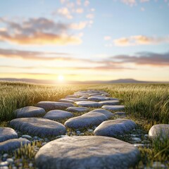 Naklejka premium Sunset Stone Path Leading to Horizon - A tranquil sunset scene featuring a stone path winding through grassy fields towards a distant horizon, symbolizing journey, hope, peace, nature, and serenity