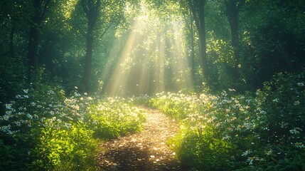 Obraz premium Serene Pathway Through Sunlit Forest with Blossoming Flowers and Gentle Rays of Light