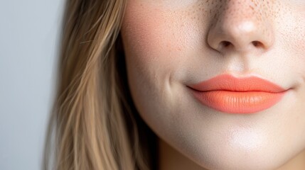 Fototapeta premium A close-up of a woman's lips showcasing a vibrant coral lipstick, complemented by light freckles and smooth skin, creating an inviting and fresh appearance.